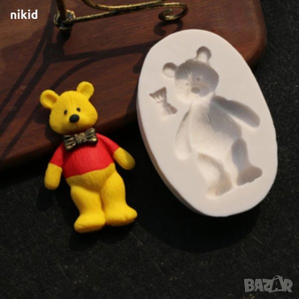 2 вид мече мечок Мечо Пух с релеф висок с папионка силиконов молд форма украса декор торта фондан, снимка 1