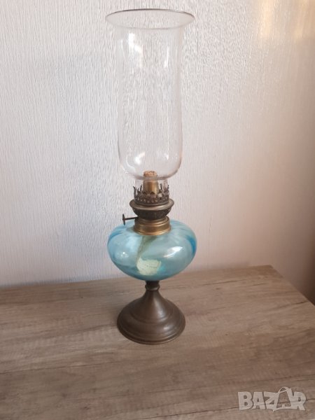 Стара газова френска настолна лампа синьо стъкло, снимка 1