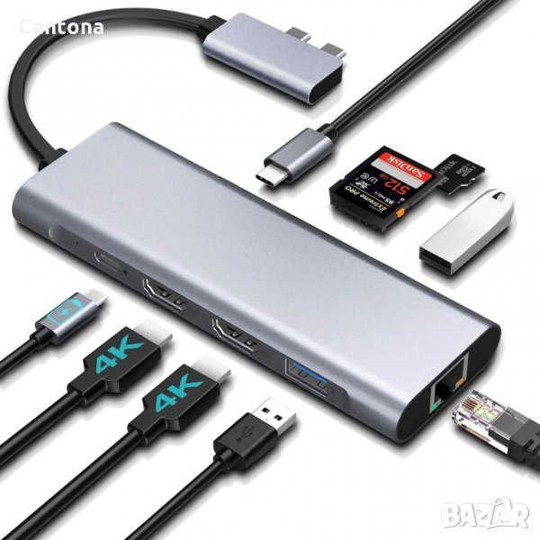 Saferell 9 in 2 USB C Hub, 2xHDMI 4K, 2xUSB 3.0, PD 100 W, Gbit LAN, Type C, четец за карти, снимка 1