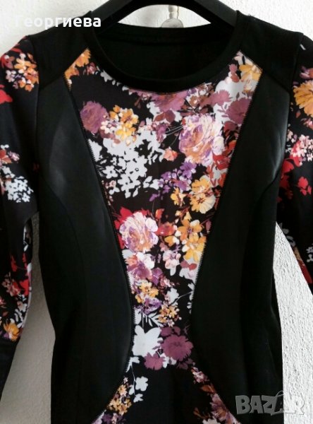 Красива рокля с флорален десен и кожени декорации, снимка 1