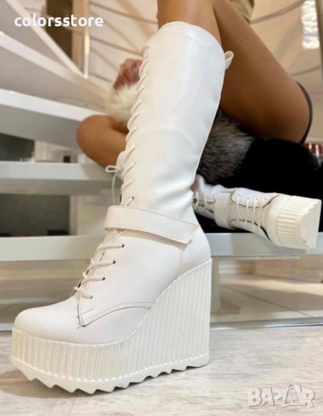 Ботуши на платформа - бяла кожа - 1905, снимка 1