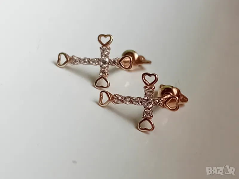 Руски златни обеци кръст с фианити и сърца, снимка 1