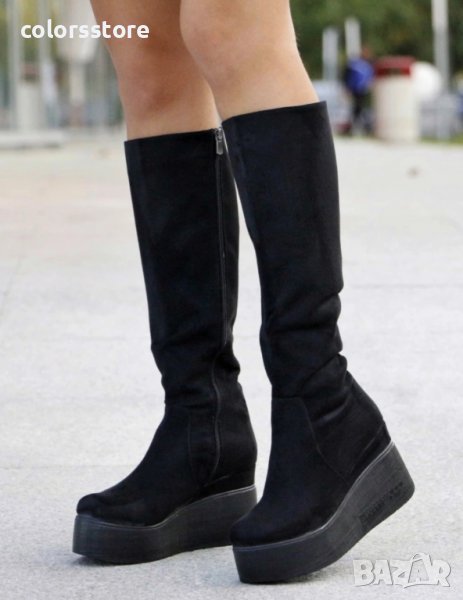 Ботуши на платформа - черен велур с черно ходило - 136K, снимка 1
