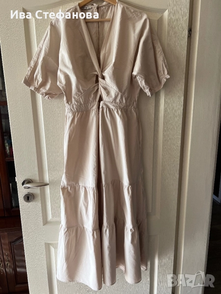 Нова 100 % памук памучна елегантна дълга рокля бежова волани къдри , снимка 1