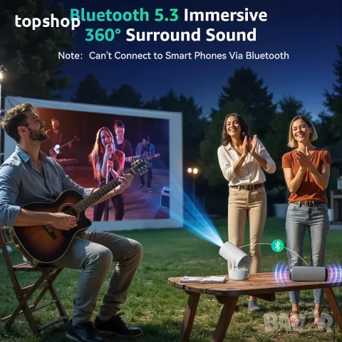 Нов Смарт Мини Прожектор Polocsh (4K Поддръжка, Android 11, WiFi, Bluetooth, Електрически Фокус), снимка 6 - Плейъри, домашно кино, прожектори - 55962442