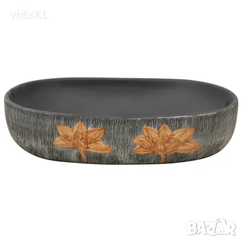 vidaXL Мивка за плот, сиво и черно, овална, 59x40x14 см, керамика, снимка 4 - Мивки - 56146186