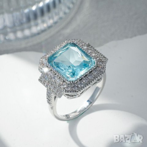 Пръстен с аквамарин и циркони, снимка 3 - Пръстени - 42132967