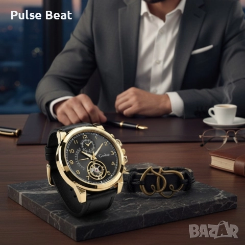 Елегантен мъжки комплект – часовник с черна каишка и гривна с метален щит, снимка 8 - Мъжки - 52045183