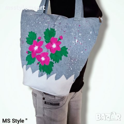Ръчно рисувана и изработена дамска чанта от деним и естествена кожа , снимка 5 - Чанти - 39414561
