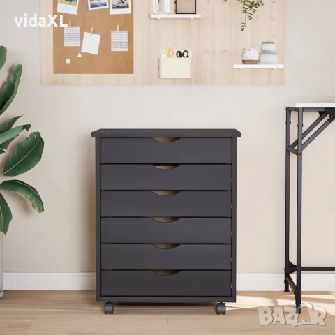 vidaXL Шкаф с чекмеджета на колелца MOSS, сив, бор масив, снимка 3 - Шкафове - 56147346