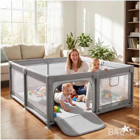 Бебешка кошара за игра и почивка 150x180 см, сива, снимка 4 - Кошарки - 56107767