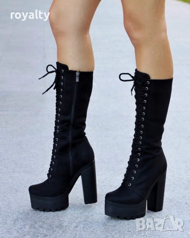 Ботуши на ток - черен велур с черно ходило 