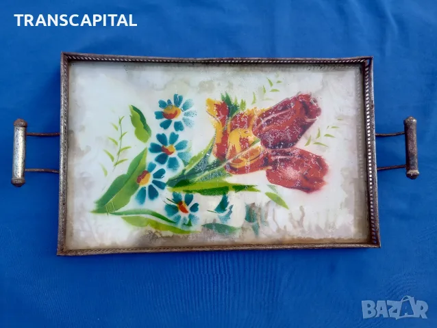 Стар поднос от метал и стъкло, снимка 2 - Антикварни и старинни предмети - 56043423