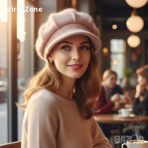 Дамска зимна плетена шапка с козирка и декоративни камъчета, снимка 2 - Шапки - 52675821