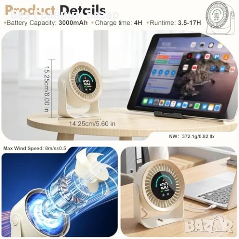 Нов Тих USB вентилатор за бюро 100 скорости 360° въртене LED за охлаждане лято, снимка 4 - Друга електроника - 53914903