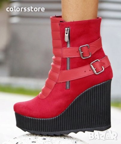 Боти на платформа - червен велур - B2001