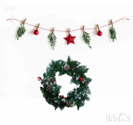 Коледен венец с шишарки и червени плодчета - 40 см, снимка 3 - Други - 52092496
