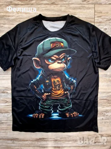 Черна Лятна Мъжка Тениска Къс Ръкав с Арт Принт Маймуна Размер XXL, снимка 4 - Тениски - 50308947