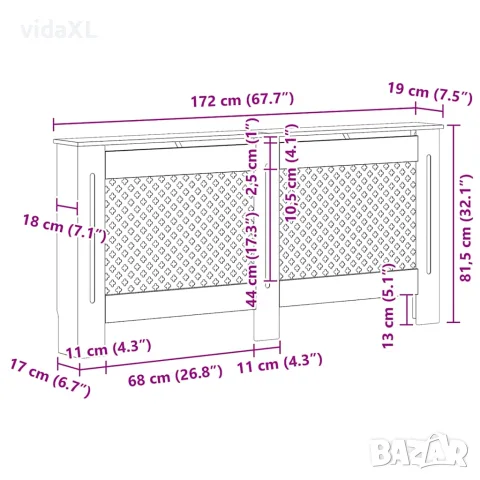 vidaXL Параван за радиатор, бял, 172x19x81,5 см, МДФ, снимка 9 - Паравани - 56146533