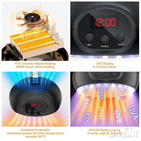 нагревателна лампа за влечуги, домашни любимци и пилета с таймер и UVA/UVB светлина – 200W-500W, снимка 14 - Друга електроника - 54008040