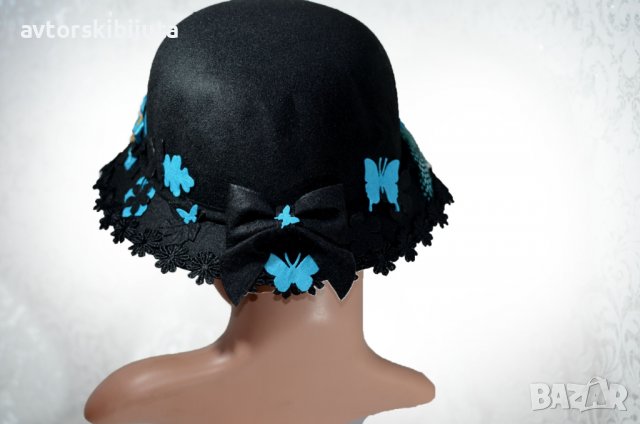 ⚜️ Черна дамска шапка филц с цветя и пеперуди №3090, снимка 5 - Шапки - 38130063