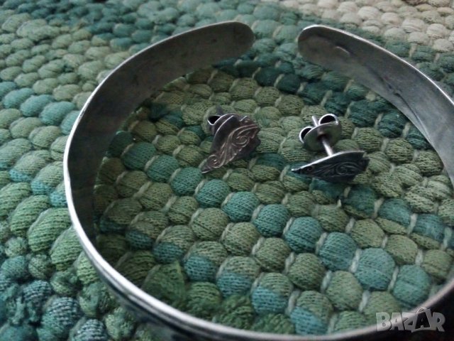 Антикварни руски сребърна гривна с Ниело и обеци, снимка 5 - Гривни - 34225120