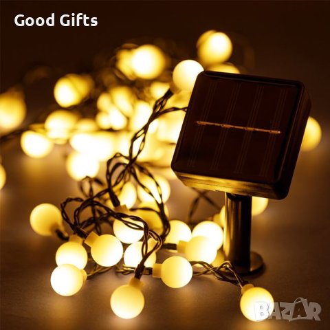 Соларни коледни лампички Топки, Топло бяло, 60 LED, С програми