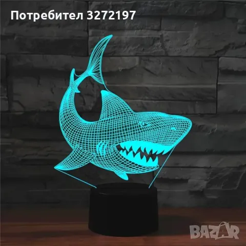 Холограмна 3D LED лампа Акула-дистанционно управление 16 цвята+други режими на управление, снимка 2 - Настолни лампи - 49575593