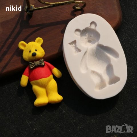 2 вид мече мечок Мечо Пух с релеф висок с папионка силиконов молд форма украса декор торта фондан