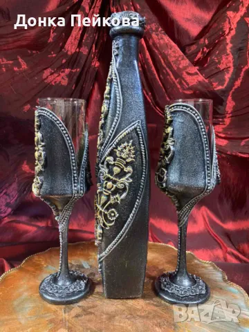 Сервиз за вино от три части в злато, ръчна изработка, снимка 2 - Сервизи - 48183858