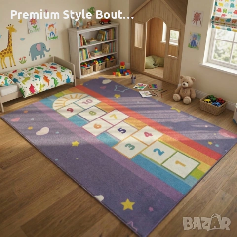 Детски килим за игра 120х160см - Тъмносин килим с облачета и дъга, противоплъзгащ и миещ се