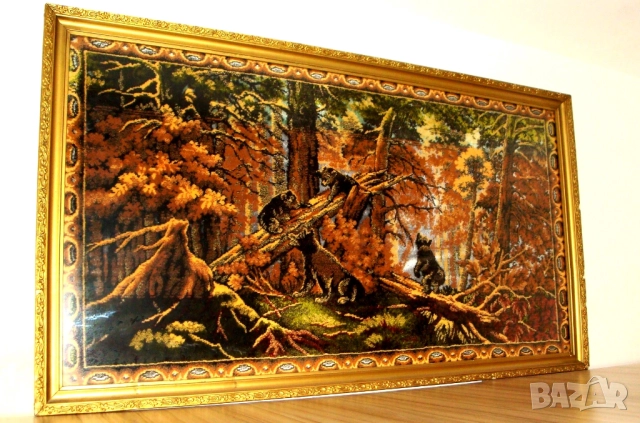 Винтидж, стар, ретро Ковьор с ловен мотив, снимка 3 - Антикварни и старинни предмети - 52541923