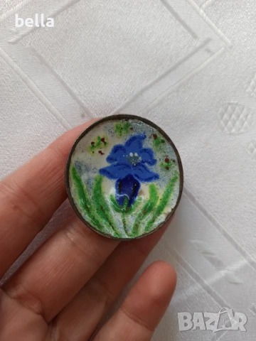 Винтидж емайлирана брошка с цветя HANDARBEIT, ръчно изработена, Германия, снимка 3 - Антикварни и старинни предмети - 50468143