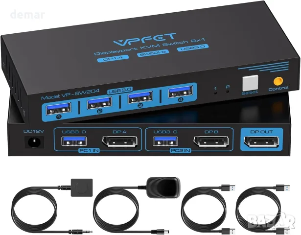 DisplayPort 1.4 KVM превключвател за 2 компютъра и 1 монитор, 4K 120 Hz