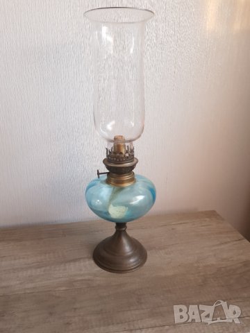 Стара газова френска настолна лампа синьо стъкло