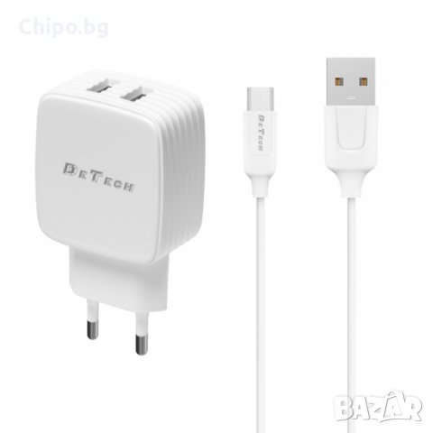 Мрежово зарядно устройство DeTech DE-33M, 5V/2.4A, 220V,2 x USB, С Micro USB кабел, 1.0m, Бял, снимка 1 - Оригинални зарядни - 35167218