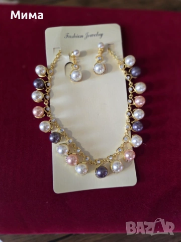 Комплект колие и обеци с изкуствена перла, снимка 5 - Колиета, медальони, синджири - 54010306