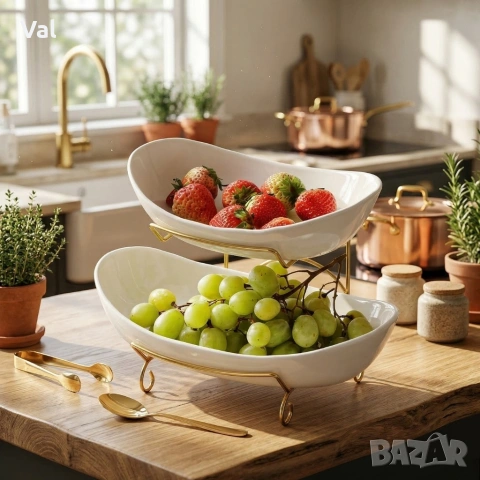 Луксозна двуетажна етажерка за плодове с керамични купи и златна стойка (2 нива), снимка 5 - Чинии - 53918303