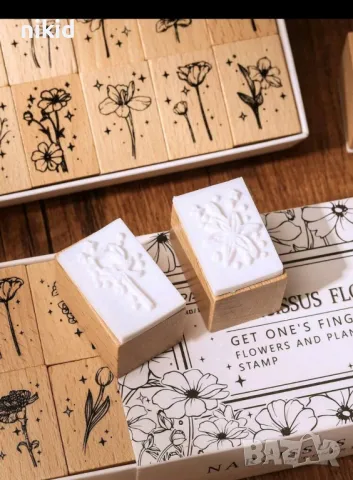 12 бр цветя цвете гумирани дървени печати печата цветя за бисквитки картички и др украса, снимка 6 - Други - 49885909