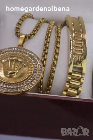 Луксозен мъжки комплект бижута — медальон корона, синджир и гривна