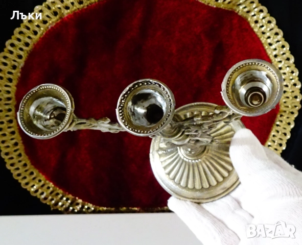 Троен свещник от калай,свещник тройка,готически. , снимка 4 - Антикварни и старинни предмети - 52393873