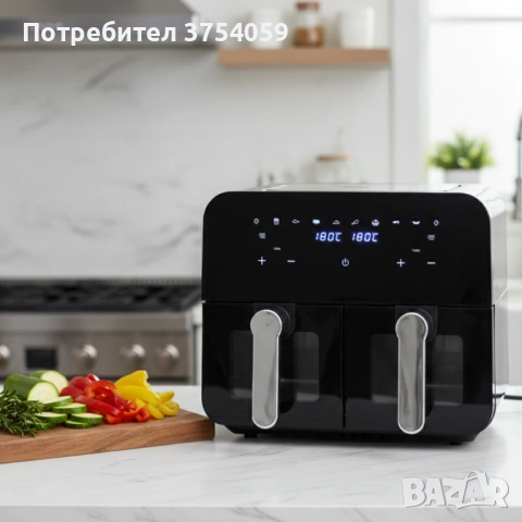 Двоен фритюрник с горещ въздух Cheffinger 9 л  с дигитален дисплей, стъклен прозорец и 360°, снимка 4 - Фритюрници - 53208370