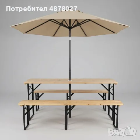 Сгъваем комплект за пикник с дървена маса и 2 пейки – 170 см, с отвор за чадър, за градина, беседка , снимка 10 - Градински мебели, декорация  - 55742849