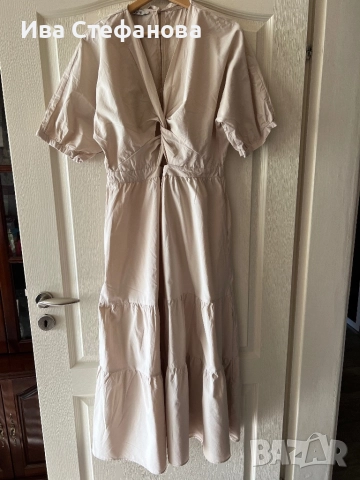 Нова 100 % памук памучна елегантна дълга рокля бежова волани къдри 