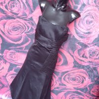 Черна елегантна разкроена рокля бюстие под коляното с мъниста М, снимка 3 - Рокли - 36763642