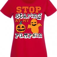 Дамска тениска Stop Staring At My Pumpkin 2,Halloween,Хелоуин,Празник,Забавление,Изненада,Обичаи,, снимка 3 - Тениски - 38144095
