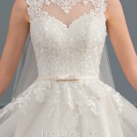 Сватбена рокля от тюл с А-силует илюзия до коляното с лъка(и), снимка 2 - Сватбени рокли - 36687033