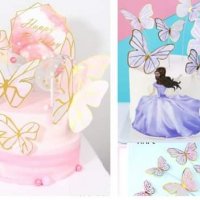 10 пеперуди картонени златен контур на тел розови лилави топери украса декор за торта, снимка 1 - Други - 29247526