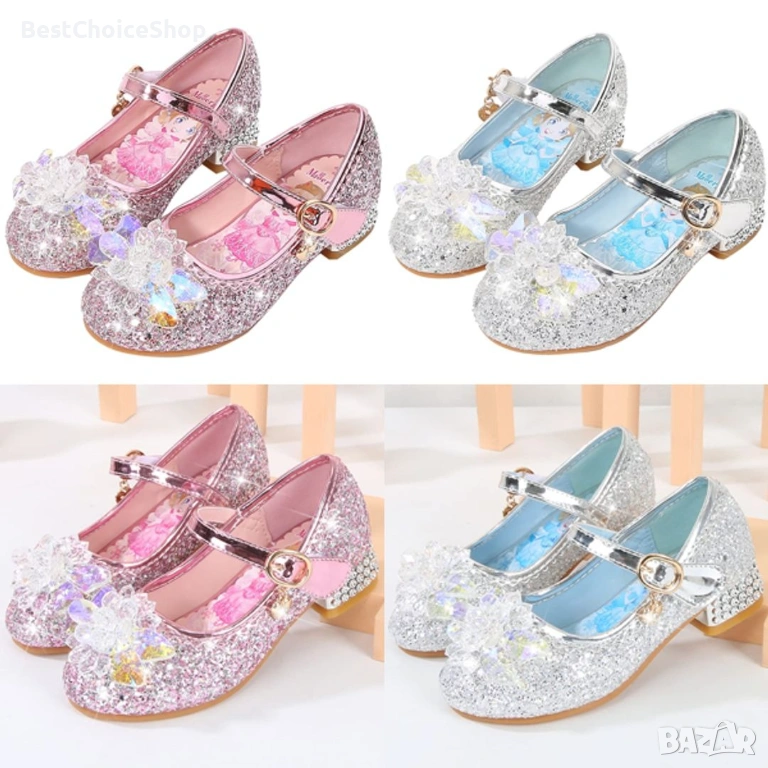 Брокатени обувки с кристални орнаменти, нисък ток, принцеса Елза. Размер 33, снимка 1