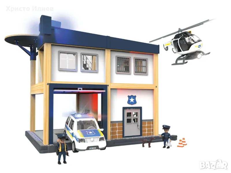 Дървен Полицейски участък Полиция с полицейска кола хеликоптер и аксесоари, снимка 1
